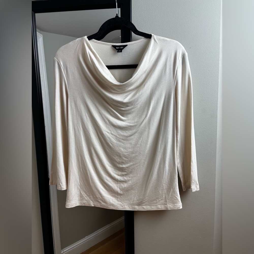 Saint + Sofia Elegant Cream Cowl Neck Blouse quarter sleeve Jersey
